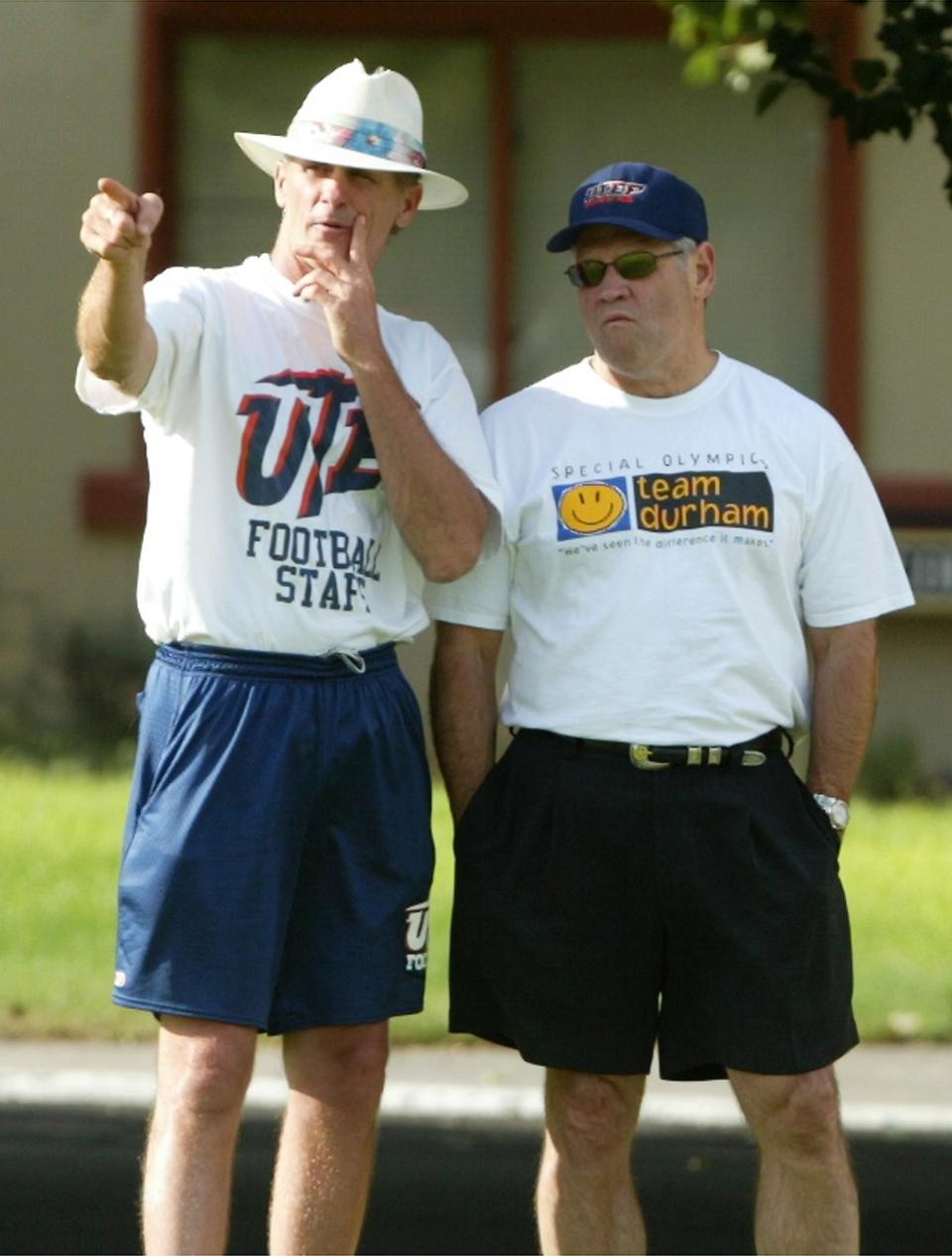 Apr 11, 2004: UTEP's assistant athletics director for football operations Nate Poss, left, watched two-a-days with Larry Durham last August in Socorro, N.M. Poss is serving under his third UTEP head coach.