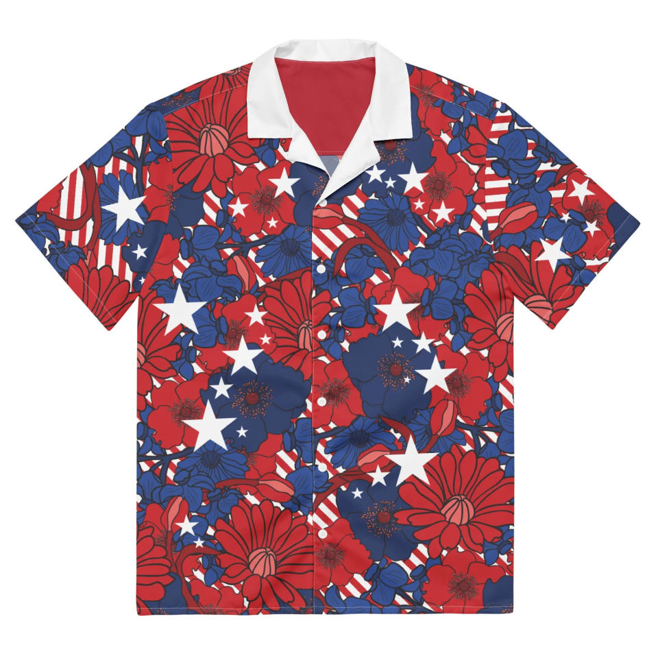 Stay stylish and show your love for America with a red, white and blue Hawaiian shirt.