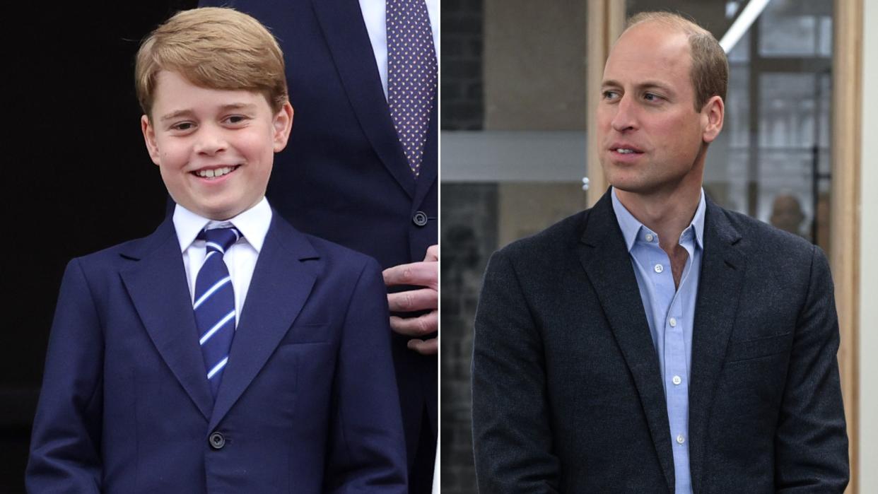  Composite of Prince George on the balcony of Buckingham Palace in 2022 and Prince William during a visit to Sustainable Ventures on October 05, 2023. 