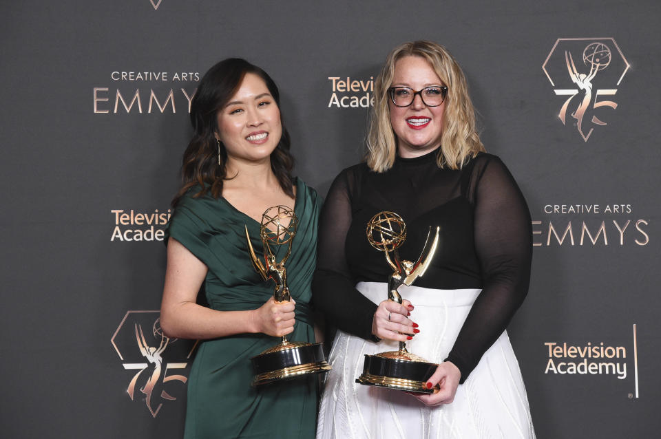 Charlene Lee, left, and Claire Koonce pose in the press room with the award for outstanding casting for a limited or anthology series or movie for "Beef" during night one of the Creative Arts Emmy Awards on Saturday, Jan. 6, 2024, at the Peacock Theater in Los Angeles. (Photo by Richard Shotwell/Invision/AP)