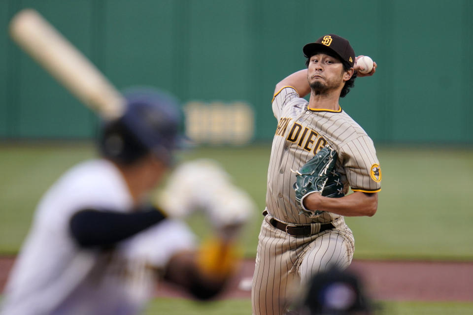 San Diego Padres starting pitcher Yu Darvish delivers during the first inning of a baseball game against the Pittsburgh Pirates in Pittsburgh, Monday, April 12, 2021. (AP Photo/Gene J. Puskar)