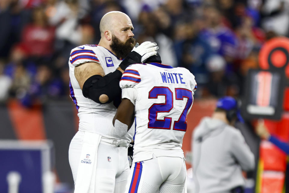 Everybody is processing the trauma of Damar Hamlin's cardiac emergency in their own way. Pictured are Bills Mitch Morse (left) and Tre'Davious White on Monday night as Hamlin suffered cardiac arrest in Cincinnati. (Photo by Kevin Sabitus/Getty Images)