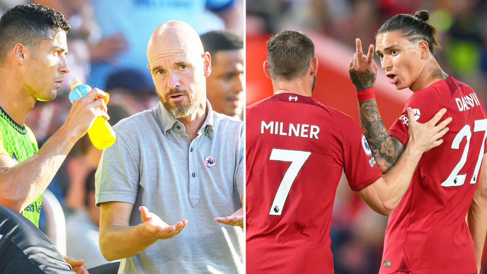 Manchester United manager Erik ten Hag is on the left and Liverpool striker Darwin Nunez is seen on the right.