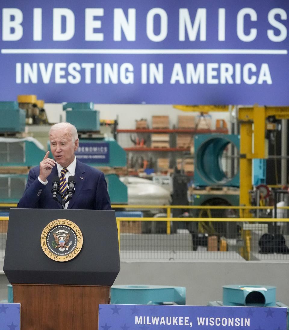 President Joe Biden delivers remarks on how Bidenomics is Investing in America the day before the first anniversary of the Inflation Reduction Act Tuesday, Aug. 15, 2023, at Ingeteam Inc., in Milwaukee. Ebony Cox / Milwaukee Journal Sentinel
