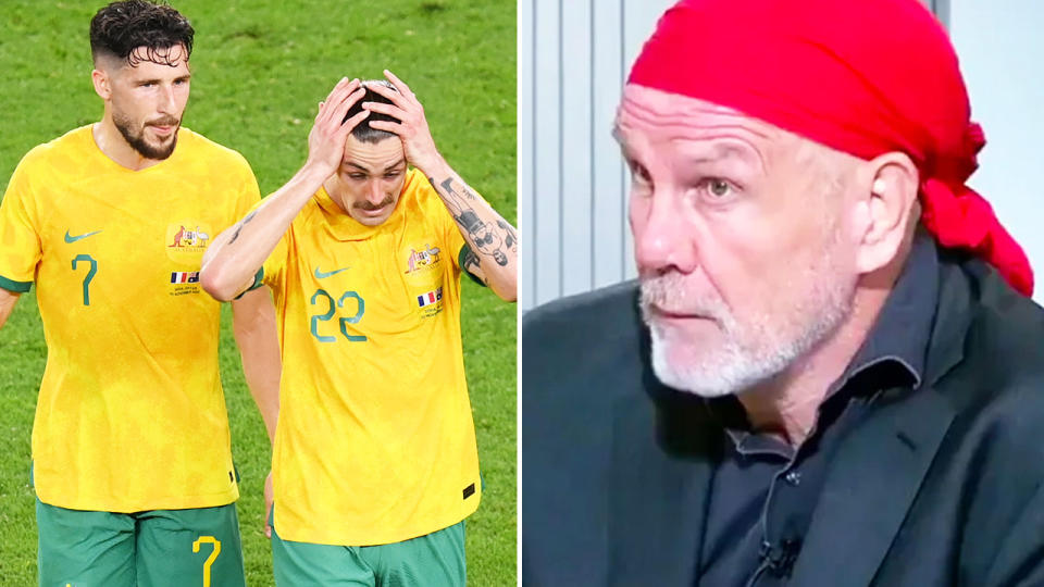 Peter FitzSimons, pictured here alongside two Socceroos players.