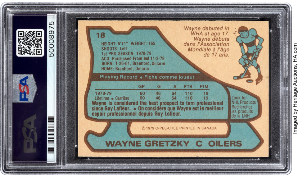 The reverse side of the 1979 O-Pee-Chee Wayne Gretzky rookie card.
