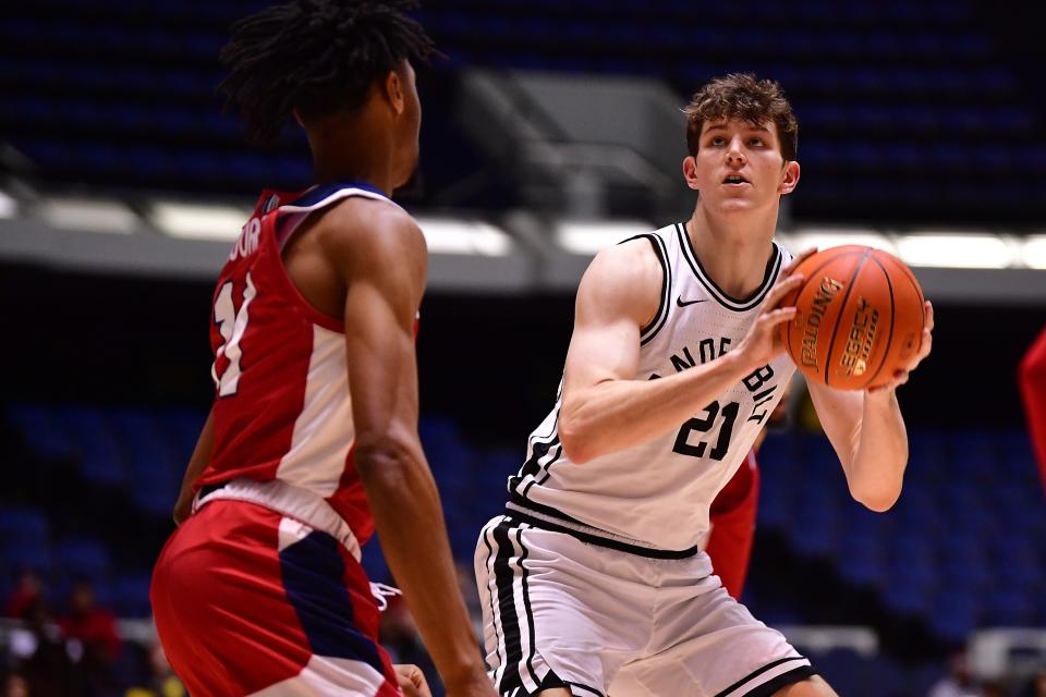 Nov 24, 2022; Anaheim, California, USA; Vanderbilt Commodores forward Liam Robbins (21) shoots against Fresno State Bulldogs forward Isaih Moore (11) during the second half at Anaheim Convention Center. Mandatory Credit: Gary A. Vasquez-USA TODAY Sports