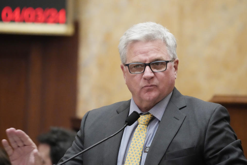 Mississippi state Rep. Kevin Horan, R-Grenada, speaks on the floor of the House of Representatives chamber, Wednesday, April 3, 2024, at the Mississippi Capitol in Jackson, Miss. (AP Photo/Rogelio V. Solis)