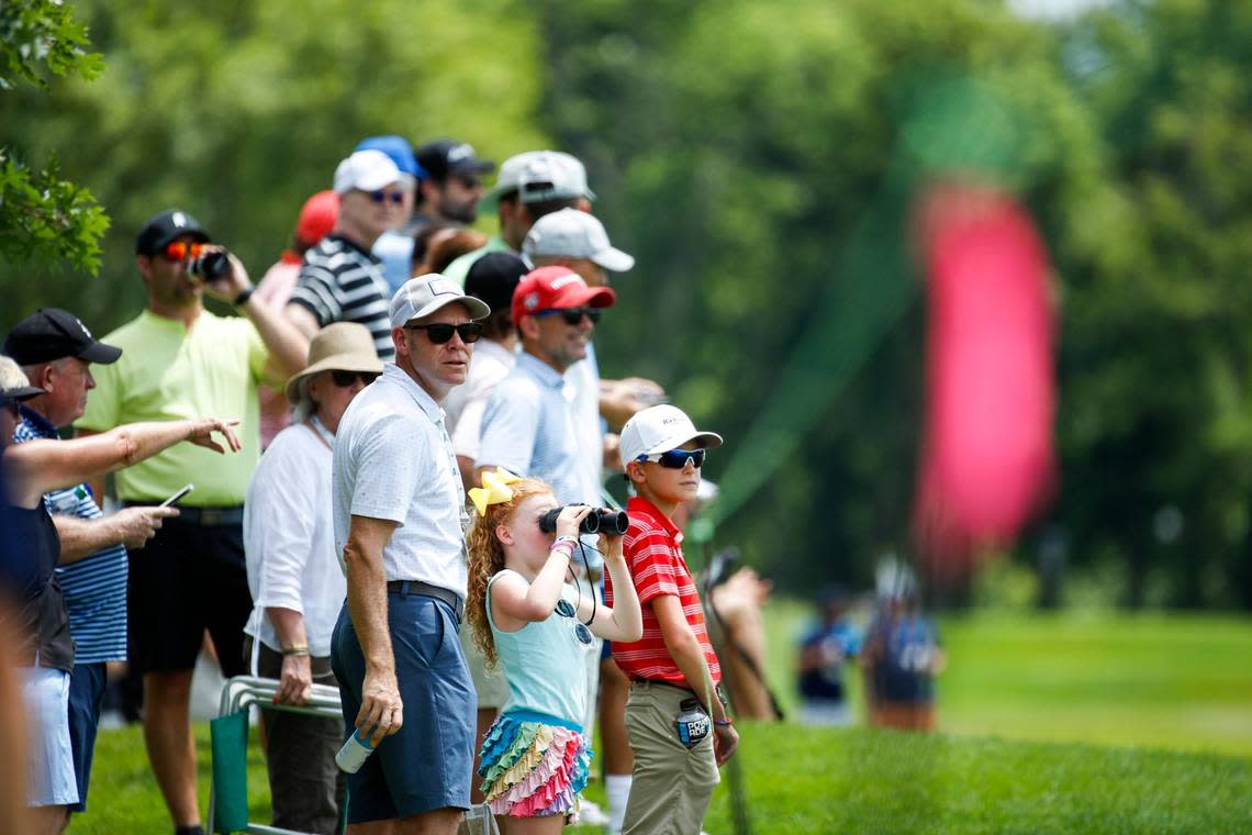 Fans follow Kevin Streelman and Trey Mullinax on the eighth hole during the fourth round of the Barbasol Championship at Keene Trace Golf Club in Nicholasville, Ky., Sunday, July 10, 2022.