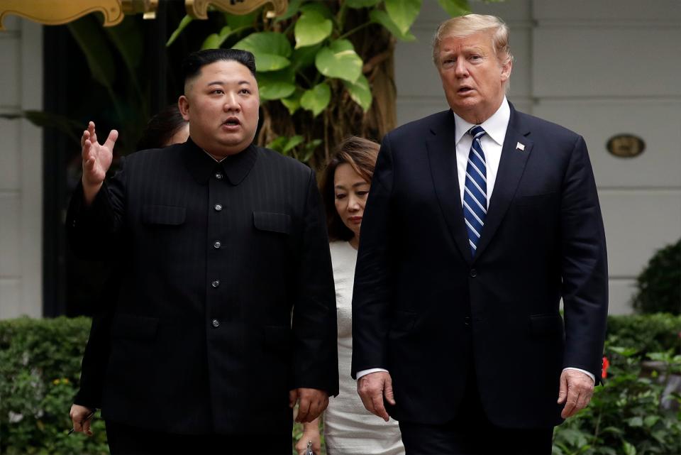 In this Feb. 28, 2019, file photo, U.S. President Donald Trump and North Korean leader Kim Jong Un take a walk after their first meeting at the Sofitel Legend Metropole Hanoi hotel, in Hanoi, Vietnam.