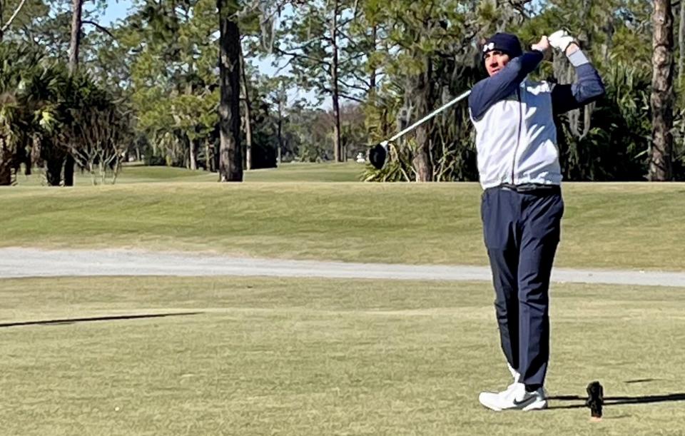 Matt Kleinrock follows his tee shot at No. 13 at San Jose during his singles match with Hayes Farley on Tuesday at the Underwood Cup Matches.