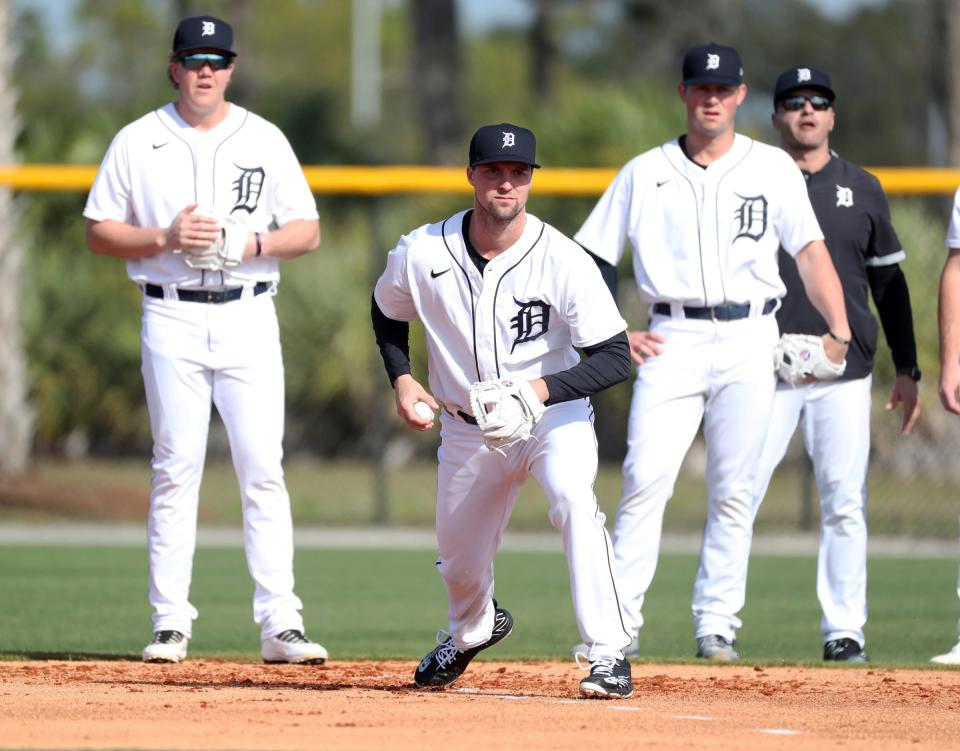 Detroit Tigers infield prospect Andre Lipcius goes through drills during spring training Minor League minicamp Tuesday, Feb.22, 2022 at Tiger Town in Lakeland.