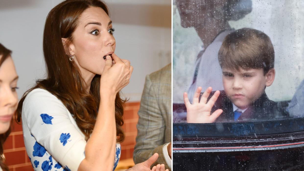 Kate Middleton eating and Prince Louis looking glumly out the window