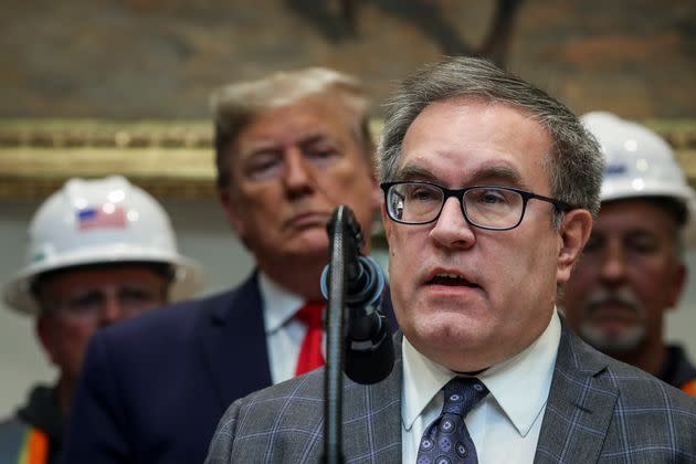 President Donald Trump looks on as EPA Administrator Andrew Wheeler speaks during an event to unveil significant changes to the National Environmental Policy Act, in the Roosevelt Room of the White House, Jan. 9, 2020.