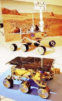 Two full-scale copies of Spirit and Opportunity are shown behind the smaller Sojourner rover at the Jet Propulsion Laboratory in Pasadena, Calif. Spirit and Opportunity landed on Mars in January 2004; the mission ended 12 years later, in February 2019.