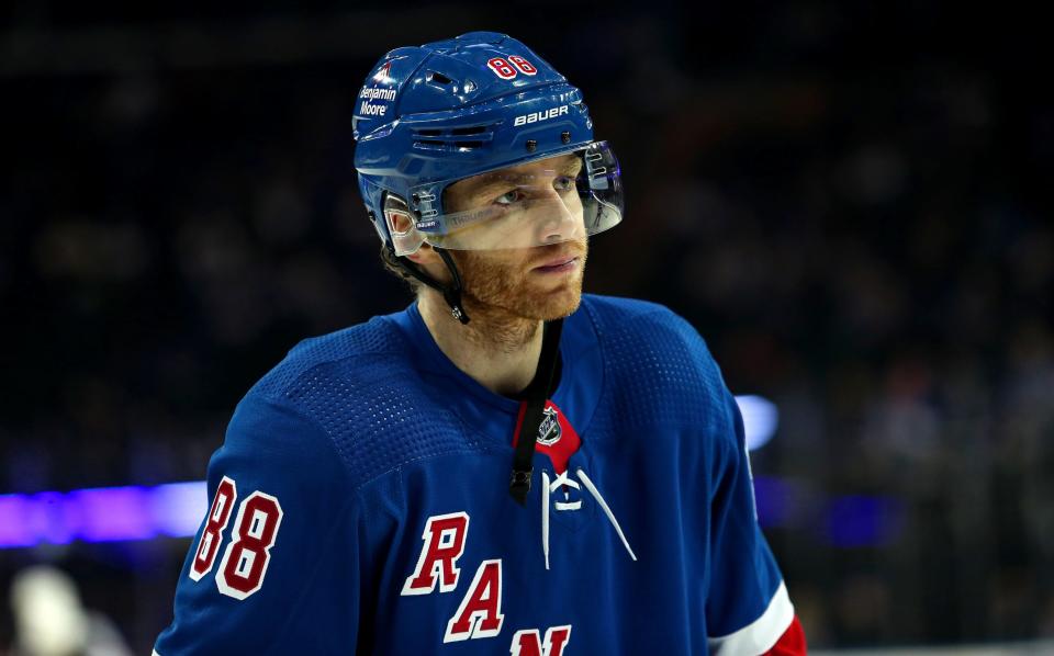 New York Rangers right wing Patrick Kane (88) warms up before the first period against the New Jersey Devils in game six of the first round of the 2023 Stanley Cup Playoffs at Madison Square Garden on April 29, 2023.