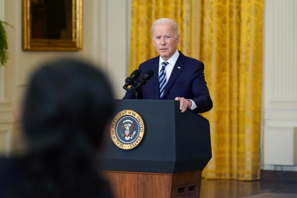 Joe Biden speaking on Thursday (AP)