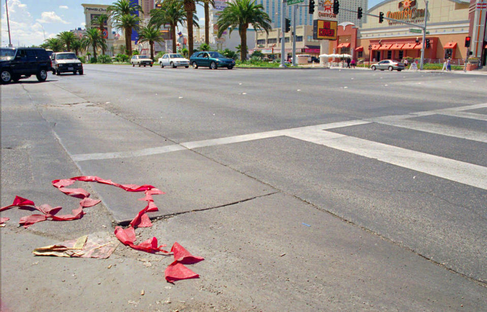 FILE - The intersection of Harmon and Las Vegas Blvd., in Las Vegas, Sunday, Sept. 8, 1996, where rap superstar Tupac Shakur and Death Row Records Chairman Marion "Suge" Knight were shot. Las Vegas police have made an arrest for the first time in the 1996 killing of rapper Tupac Shakur. (AP Photo/Jack Dempsey, File)