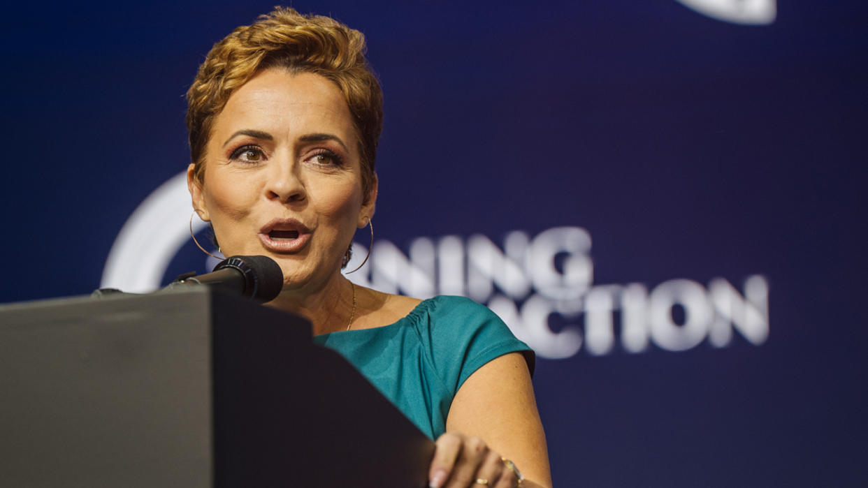 Former Fox News Anchor Kari Lake speaks during the Rally To Protect Our Elections conference on July 24, 2021 in Phoenix, Arizona. (Brandon Bell/Getty Images)