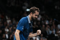 Russia's Daniil Medvedev reacts as he plays Serbia's Novak Djokovic during the final match of the Paris Masters tennis tournament at the Accor Arena in Paris, Sunday, Nov.7, 2021. (AP Photo/Thibault Camus)