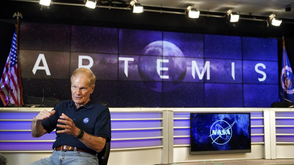 NASA administrator Bill Nelson takes part in an interview before the scheduled launch of the Artemis 1 rocket at the Kennedy Space Center, Wednesday, Aug. 24, 2022, in Cape Canaveral, Fla. The launch is scheduled for Monday morning Aug 29. (AP Photo/John Raoux)