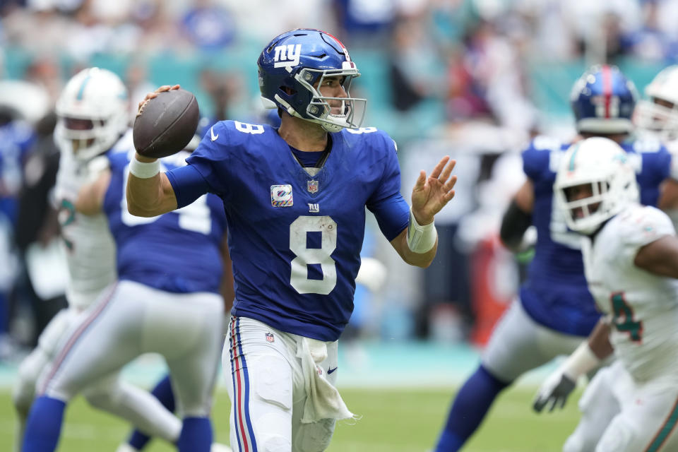 New York Giants quarterback Daniel Jones (8) aims a pass during the second half of an NFL football game against the Miami Dolphins, Sunday, Oct. 8, 2023, in Miami Gardens, Fla. (AP Photo/Rebecca Blackwell)