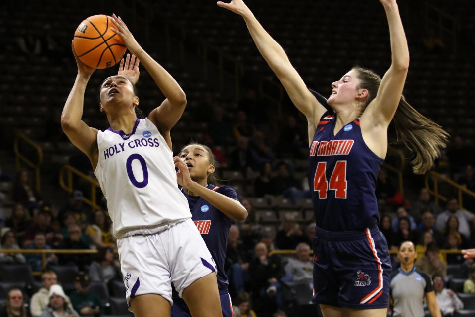 Holy Cross' Callie Wright drives to the basket during the first half against Tennessee-Martin in a First Four game Thursday night.