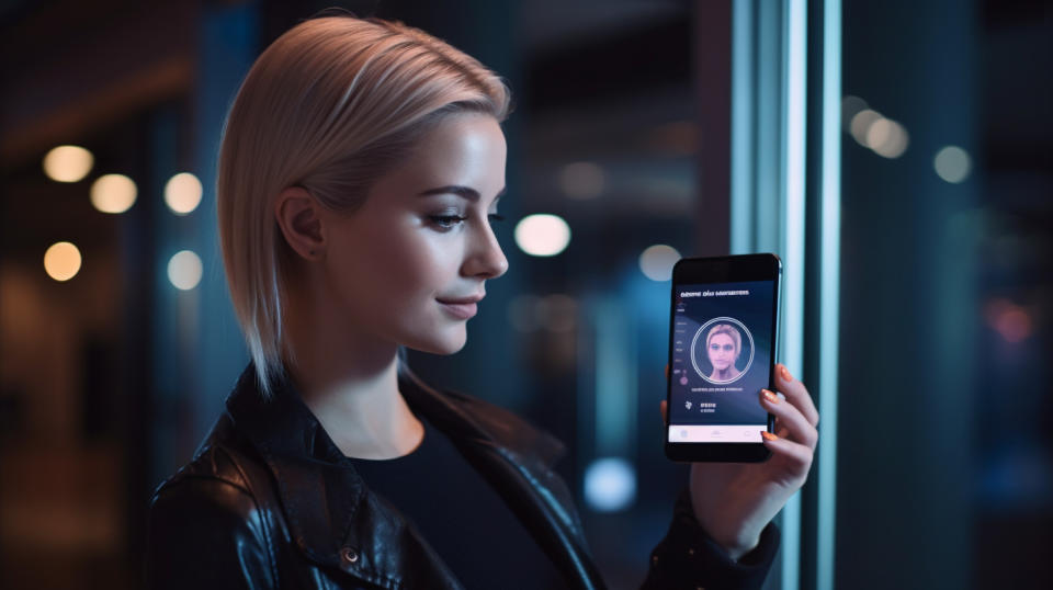 A female customer using Knomi mobile biometric authentication framework to log into her app account.