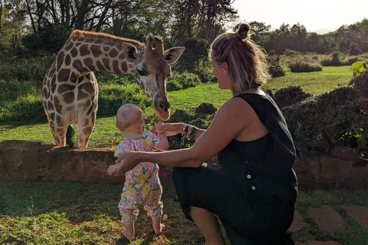 Kathryn Romeyn and her daughter at the Giraffe Manor