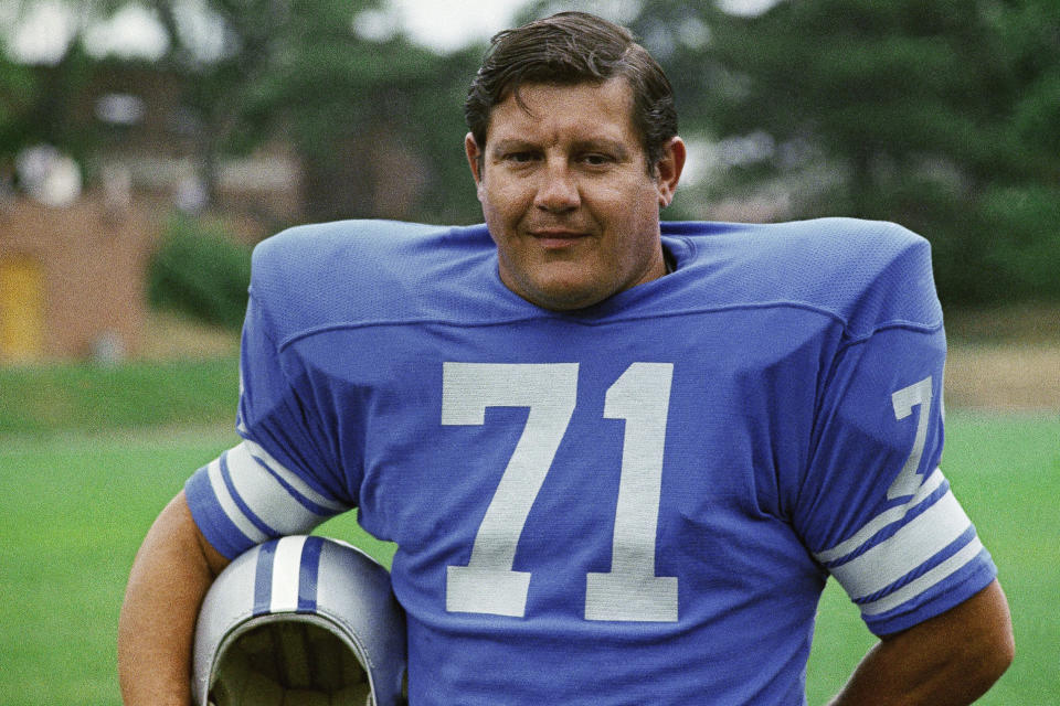 FILE - This 1971 file photo shows Detroit Lions' Alex Karras. Better late than never, Karras will be formally enshrined as part of the Pro Football Hall of Fame's Centennial Class of 2020. (AP Photo/File)