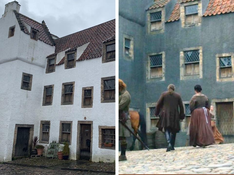 Side by side comparison of a historical home in Culross, Scotland with the author's view on the left and a still from "Outlander" on the right.