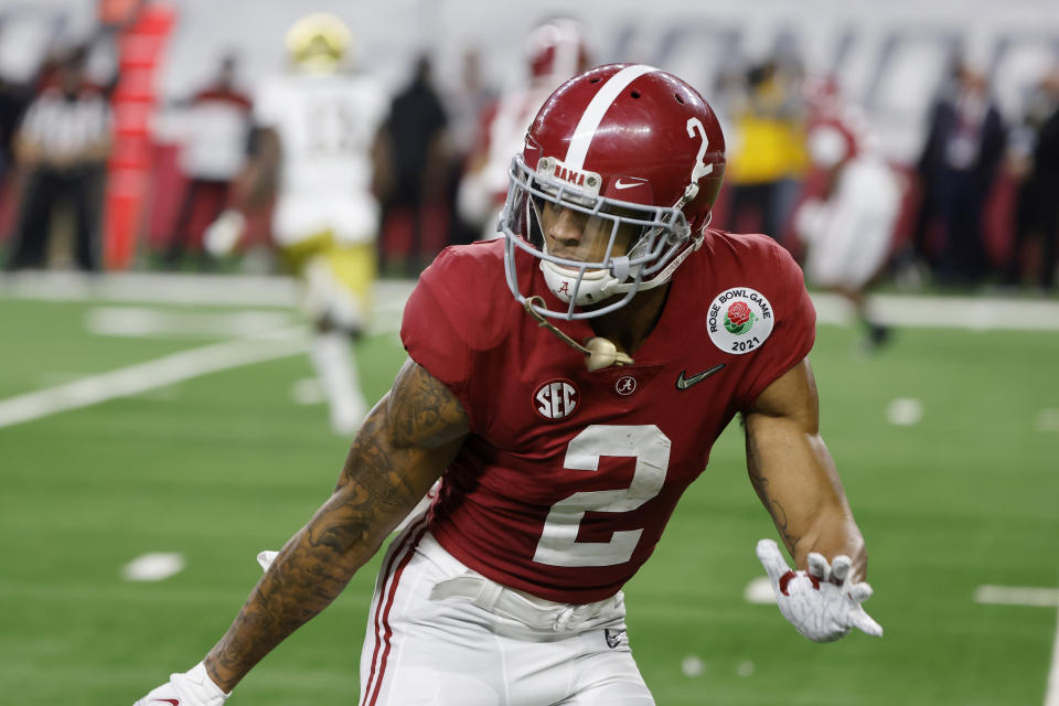 FILE - In this Jan. 1, 2021, file photo, Alabama defensive back Patrick Surtain II (2) defends against Notre Dame during the Rose Bowl NCAA college football game in Arlington, Texas. The Arizona Cardinals pick at No. 16 in the upcoming NFL draft and seem likely to target a defensive player, particularly a cornerback. There could be several opportunities to add one depending on how the picks shake out: Alabama's Surtain, South Carolina's Jaycee Horn and Virginia Tech's Caleb Farley. (AP Photo/Michael Ainsworth, File)