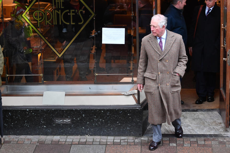 The Prince of Wales during a visit to Pontypridd, Wales, which has suffered from severe flooding in the wake of Storm Dennis. PA Photo. Picture date: Friday February 21, 2020. See PA story ROYAL Charles. Photo credit should read: Jacob King/PA Wire