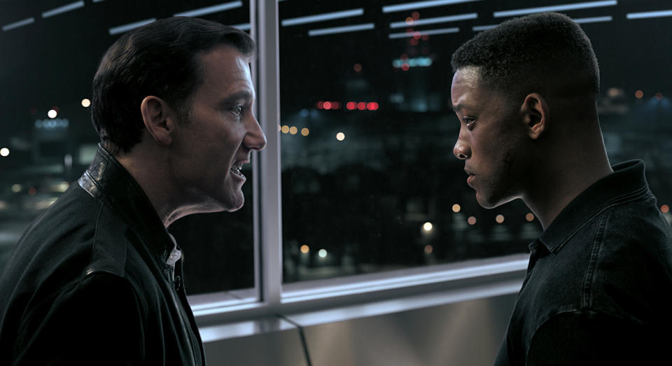 This image released by Paramount Pictures shows Clive Owen, left, and Will Smith, portraying Junior, in the Ang Lee film "Gemini Man." (Paramount Pictures via AP)