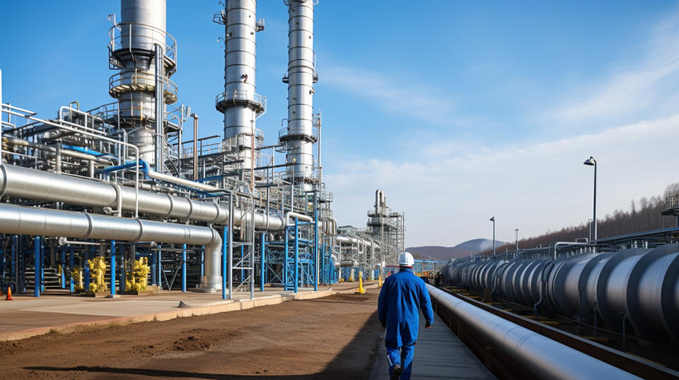 An industrial facility emitting natural gas from large pipes, with workers in the foreground.