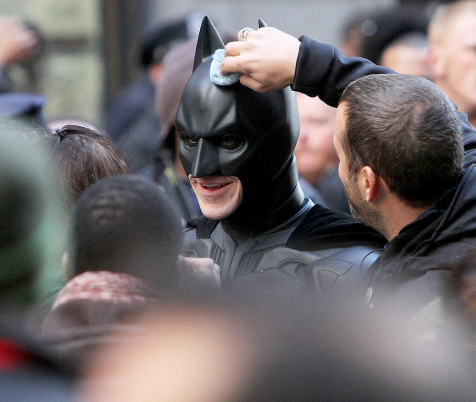 <p>Rubber-suited superheroes occasionally need their brows mopped while filming in New York City. <i>(Photo: Splash News)</i></p>