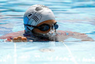 Egyptian swimmer Omar Hegazy, who is the first one-legged man to swim across the Gulf of Aqaba from Egypt to Jordan, during practice in Cairo, Egypt May 20, 2017. REUTERS/Mohamed Abd El Ghany