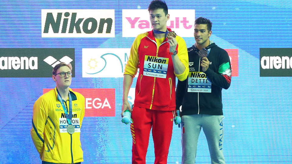 Mack Horton, pictured here refusing to take the podium with Sun Yang at the world championships. (Photo by Maddie Meyer/Getty Images)