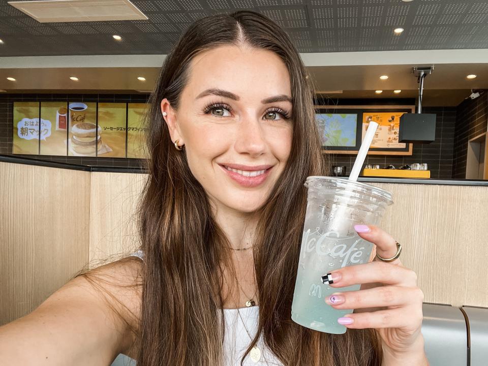 japan mcdonalds nickelle selfie with blue yogurt drink