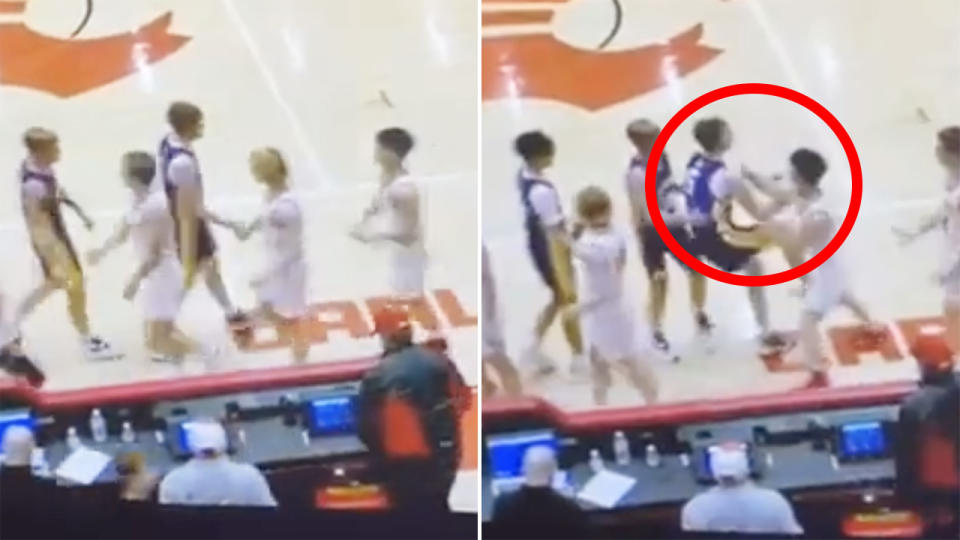 A split image shows the moment a high school basketball player attacked a rival as they shook hands after their match.