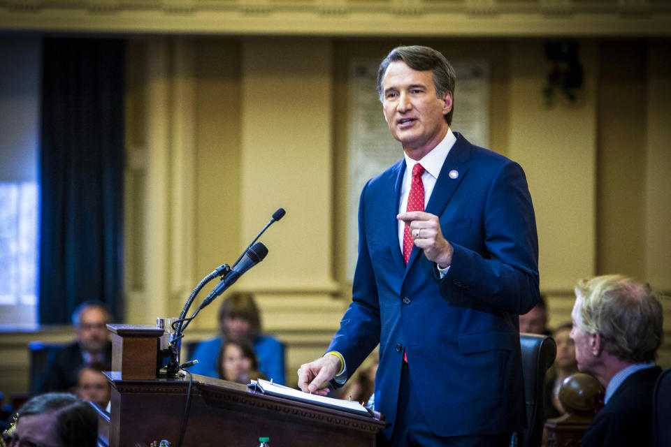 Virginia Gov. Glenn Youngkin delivers his State of the Commonwealth address to a joint session of the Virginia legislature in the House chamber in Richmond, Va., on Jan. 11, 2023.  (John C. Clark / AP file)