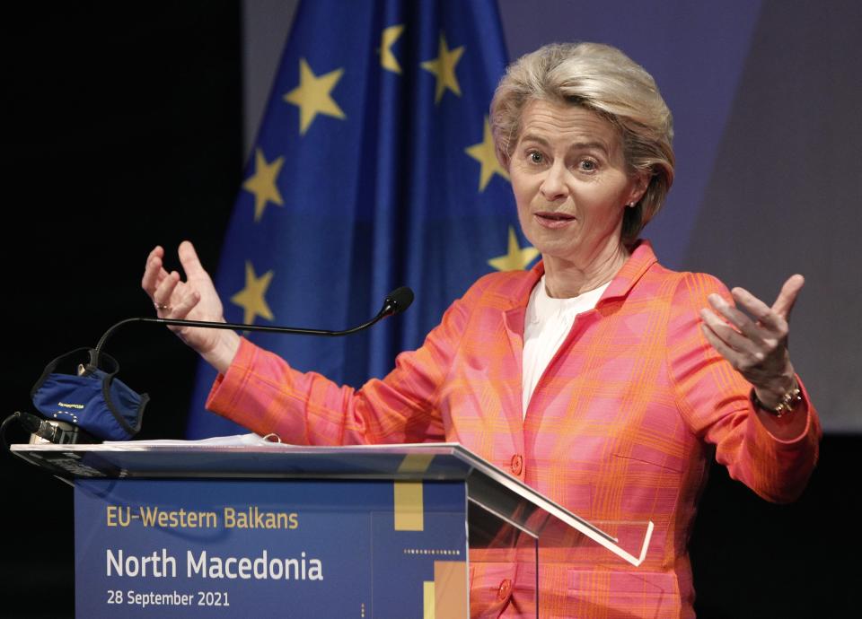 European Commission President Ursula von der Leyen talks to the media at a joint news conference with North Macedonia's Prime Minister Zoran Zaev, after their meeting in Skopje, North Macedonia, on Tuesday, Sept. 28, 2021. Top European Union's official has expressed hope Tuesday that Albania and North Macedonia will open the accession talks with the block by the end of this year. (AP Photo/Boris Grdanoski)