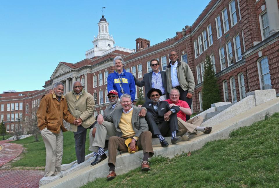 Members of the 1968 P.S. du Pont High state championship basketball team in 2016. (Back row left to right) Hammond Knox, Alton "Butch" Williams, David Spencer, Andy Berger, and Clinton Tymes. (Bottom left to right) Ron Smith, Randy Johnson, Bobbie Dillard and Dennis Spivack,