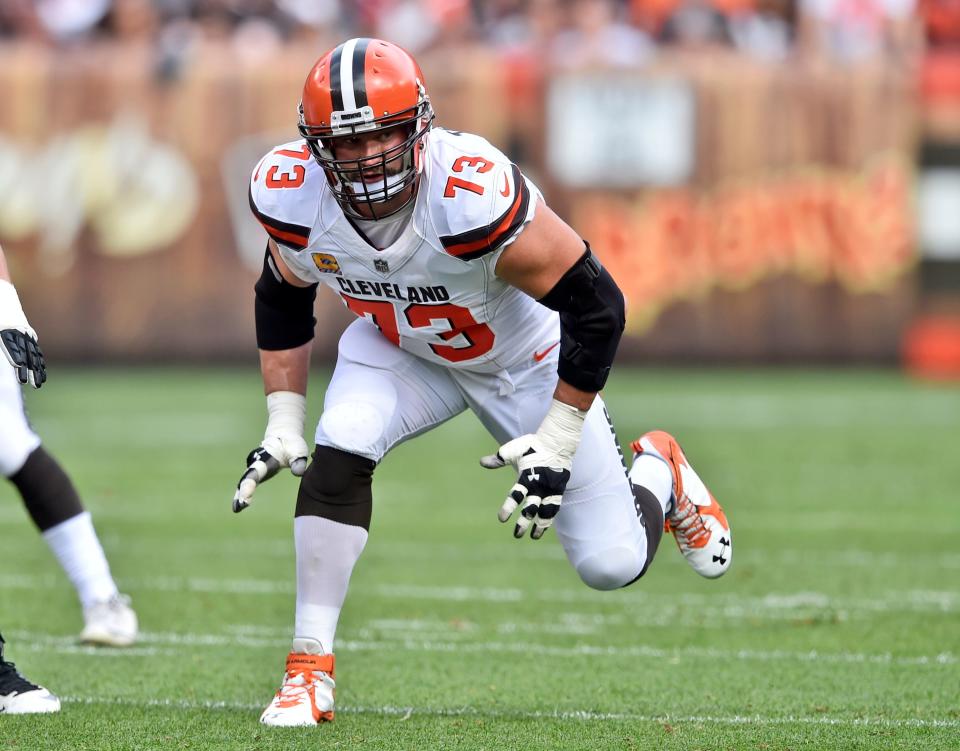 FILE - In this Oct. 8, 2017, file photo, Cleveland Browns offensive tackle Joe Thomas (73) blocks during an NFL football game against the New York Jets in Cleveland. In an instant, while blocking on a routine running play. he had completed thousands of times without incident or injury, Thomas’ season ended and his career met an unexpected crossroads when he got injured on Sunday, Oct. 22, 2017, against the Tennessee Titans Without warning, a remarkable run of durability was over.  (AP Photo/David Richard)