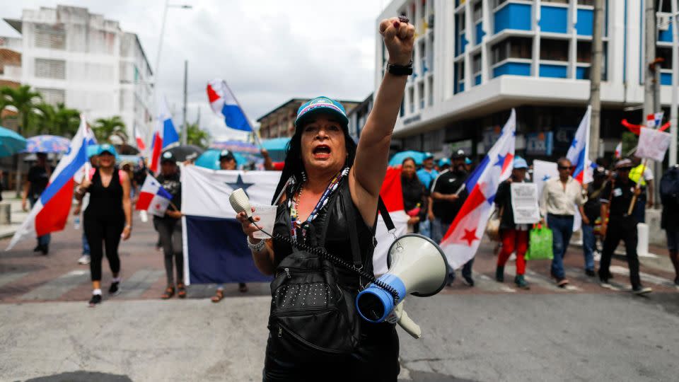 Teachers march to protest the deaths of two people during a demonstration against the government's contract with Canadian mining company First Quantum and its subsidiary Minera Panama in Panama City on November 8, 2023. - Roberto Cisneros/AFP/Getty Images