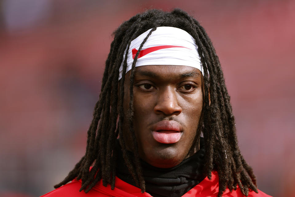 FILE - Ohio State wide receiver Marvin Harrison Jr. (18) looks on during warm ups before an NCAA college football game against Rutgers, Saturday, Nov. 4, 2023, in Piscataway, N.J. Harrison Jr. is a possible first round pick in the NFL Draft. (AP Photo/Noah K. Murray, File)