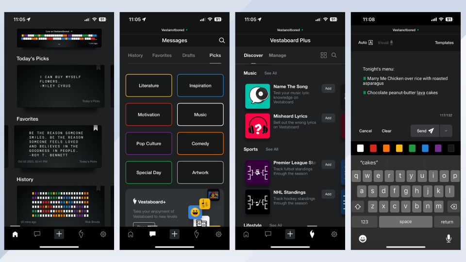 Screenshots of the Vestaboard app.