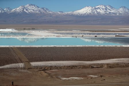 FILE PHOTO: Brine pools from a lithium mine, that belongs U.S.-based Albemarle Corp, is seen on the Atacama salt flat in the Atacama desert