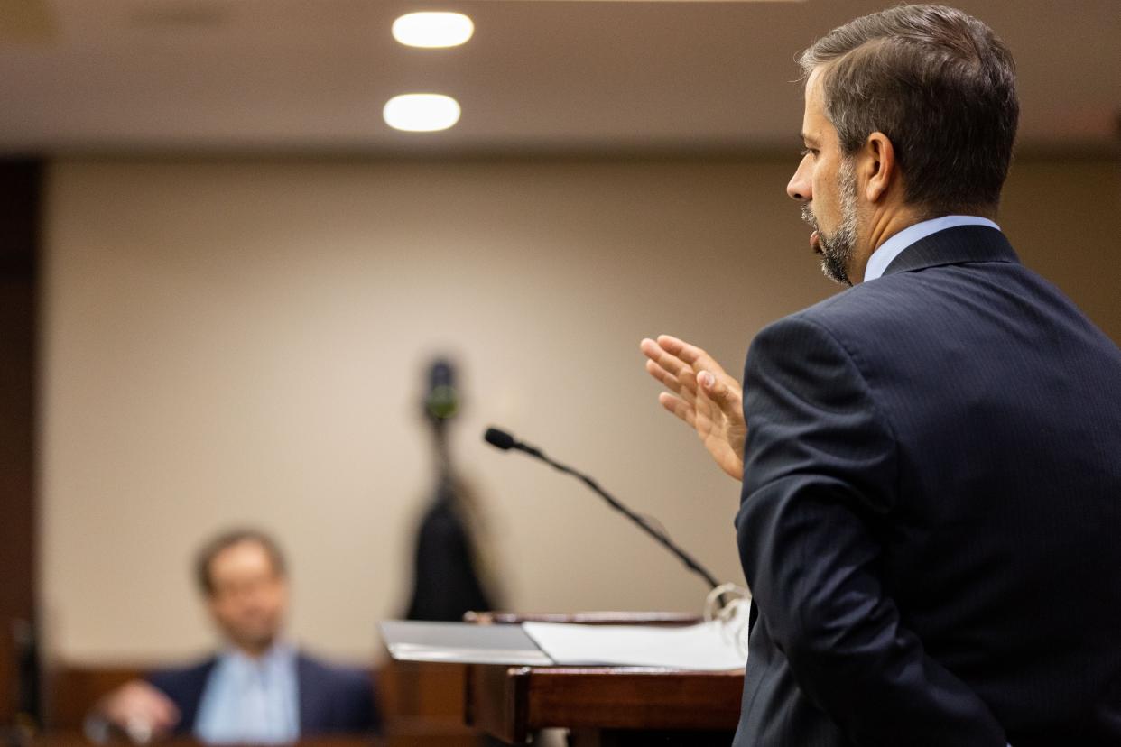 Defense attorney Daniel Rashbaum asks his client Charlie Adelson, questions while he testifies on his own behalf during his trial for the murder of Dan Markel on Thursday, Nov. 2, 2023.