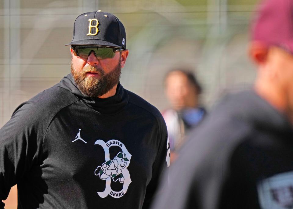 Basha head coach Jim Schilling watches his team play against Hamilton during a game at Hamilton High School in Chandler on April 4, 2023.